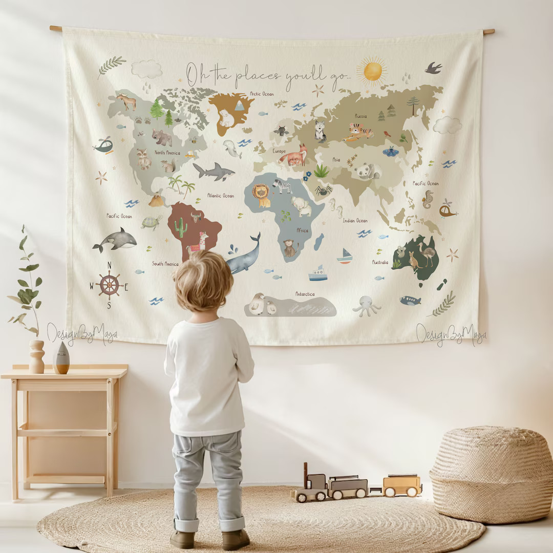 Kids room Tapestry World Map, Nursery decor, Kids room decor, Kids Room tapestry, Printed tapestr... | Etsy (US)