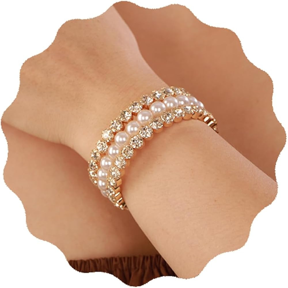 YERTTER Wedding Gold 3 Row Pearl Rhinestone Stunning Bracelet Layered Adjustable Stretch Wrap Cuf... | Amazon (US)