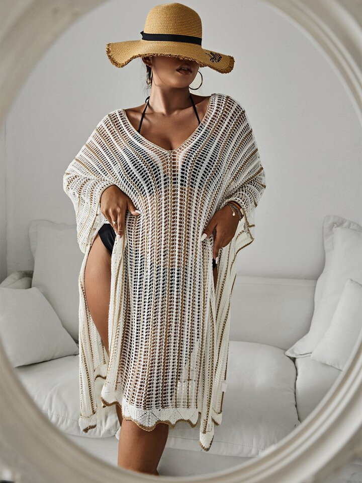 SHEIN Swim Curve Summer Beach Plus Striped Batwing Sleeve Cover Up Without Bikini | SHEIN