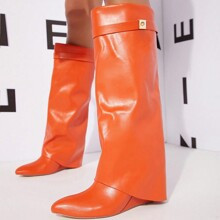 Women's Casual Formal Vibrant Orange Buckle Design Folded Pointed Toe Long Boot Christmas Fall Winter | SHEIN