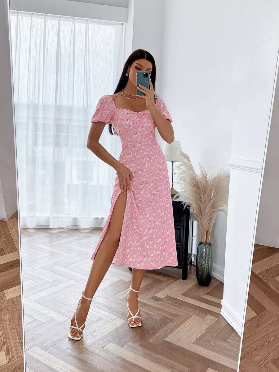 Colleen Front-Slit Floral Sweetheart Dress