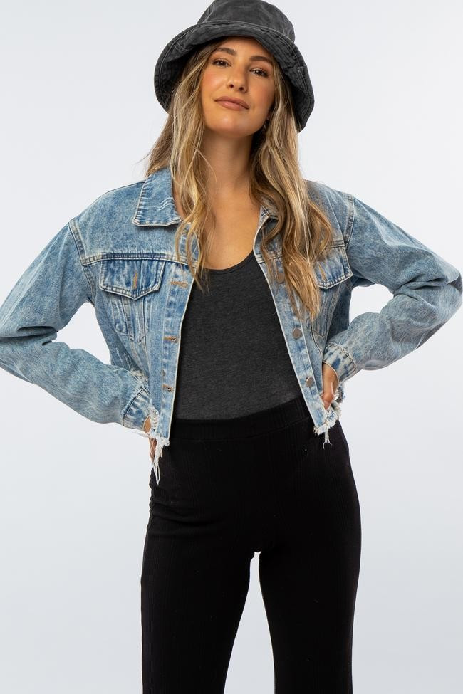 Light Blue Distressed Cropped Maternity Denim Jacket | PinkBlush Maternity