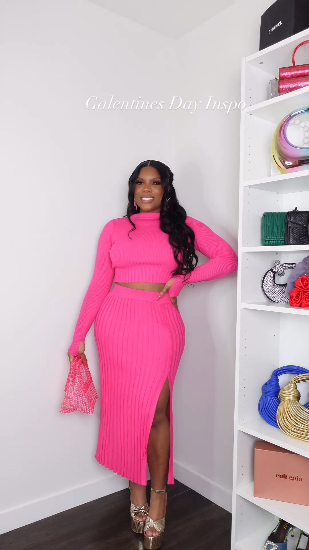 Pink two piece set, pink outfit, galentines day outfit, Valentine’s Day outfit, pink purse, long sleeve crop top, gold platforms, gold heels, date night look, pink skirt, midi skirt, pink crop top

#LTKstyletip #LTKMostLoved