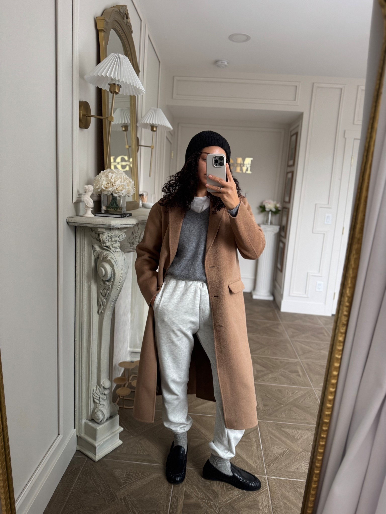 Casual chic winter outfit: joggers, white t-shirt, v neck cashmere sweater, wool coat, cable crew socks, penny loafers, beanie 

#LTKootd #LTKgrwm