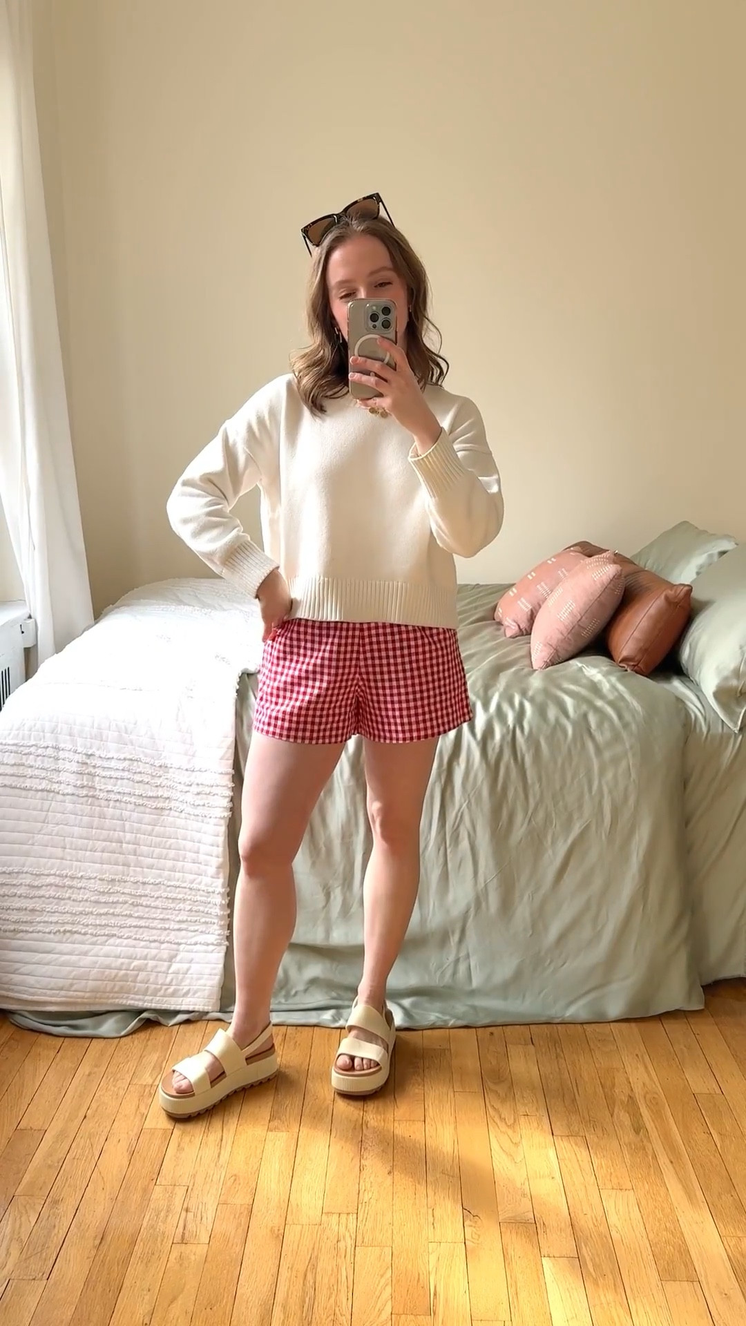 Comfy cotton vacation outfit for women. Cotton gingham shorts size small. Xs cotton sweater free shipping. Shoes are waterproof 

#LTKTravel