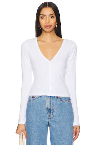 Good American Cotton Pointelle Cardigan in White001 from Revolve.com | Revolve Clothing (Global)