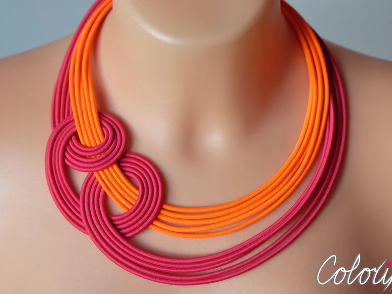 Neon Textile Cord Statement Necklace: Orange & Pink Boho Jewelry - Etsy UK | Etsy (US)