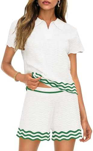 Saodimallsu Womens Sweater Sets 2 Piece Outfits Short Sleeve Polo V Neck Knit Tops Waves Shorts M... | Amazon (US)