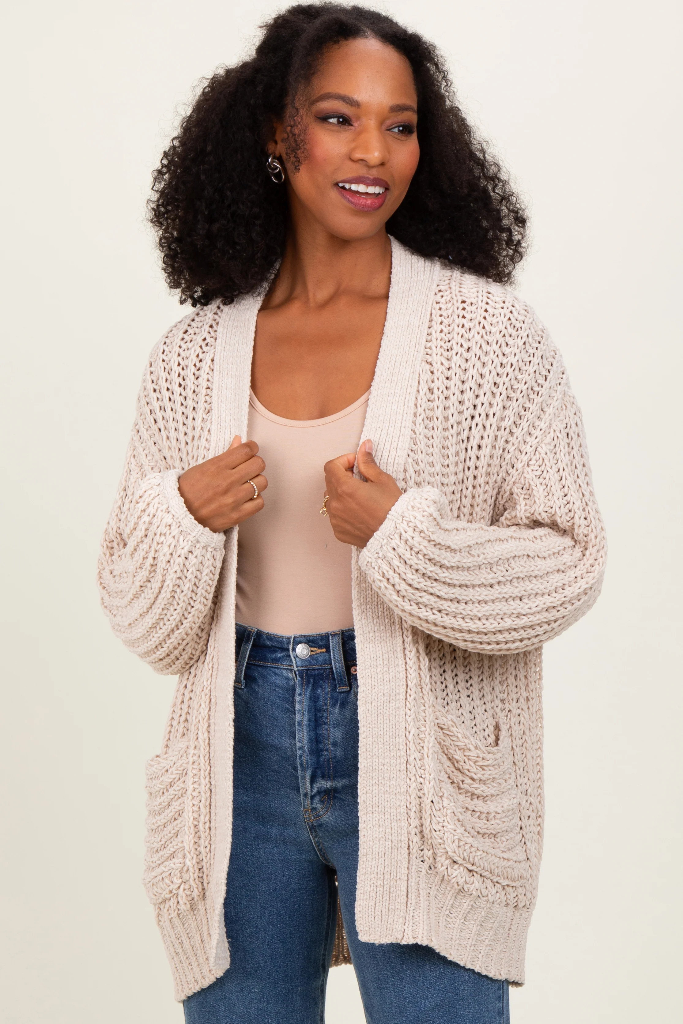 Beige Chunky Knit Oversized Pocket Cardigan | PinkBlush Maternity