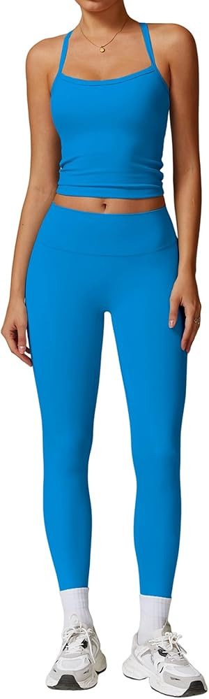 Womens Workout Sets Two Piece Cross Back Tank Top Matching High Waist Leggings Sets Gym Outfits W... | Amazon (US)