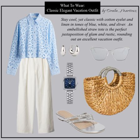Look polished and sophisticated on vacation.  

Classic, elegant, plus size, quiet luxury,, cotton eyelet, linen trousers, vacation outfit in blue, white, and silver.  

#LTKSeasonal #LTKtravel #LTKplussize