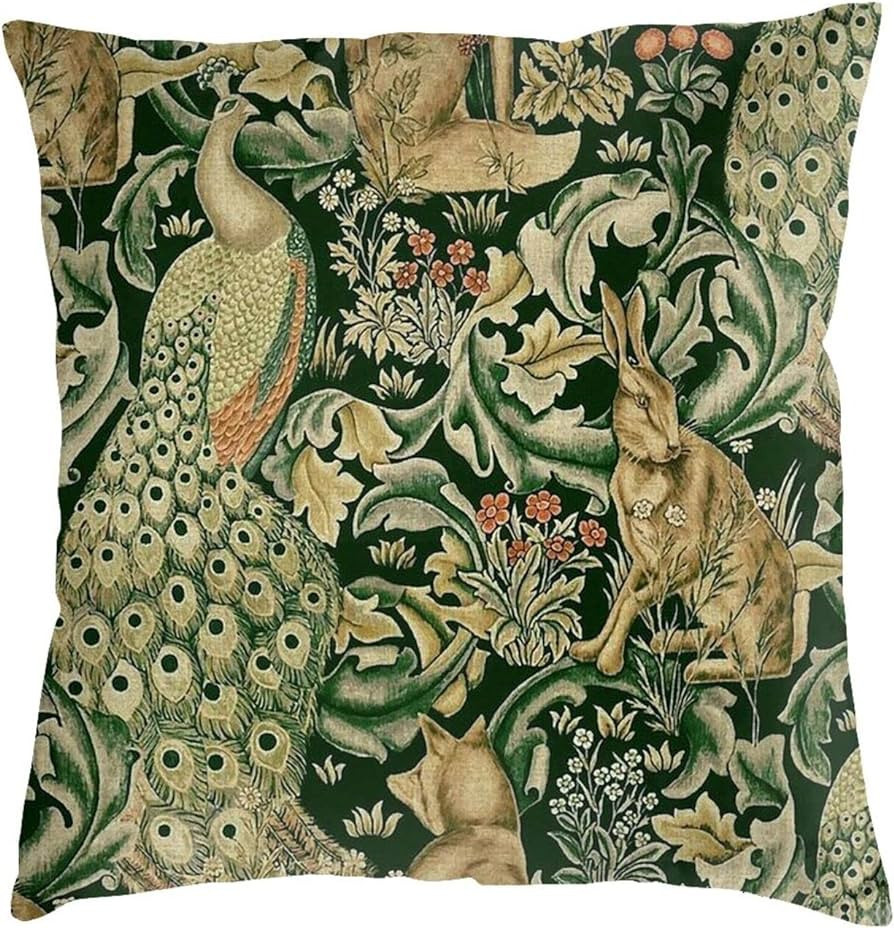 Haruha William Morris Green Forest Animals Peacocks Fox Hare 4 Decorative Throw Pillow Cover Soft... | Amazon (US)