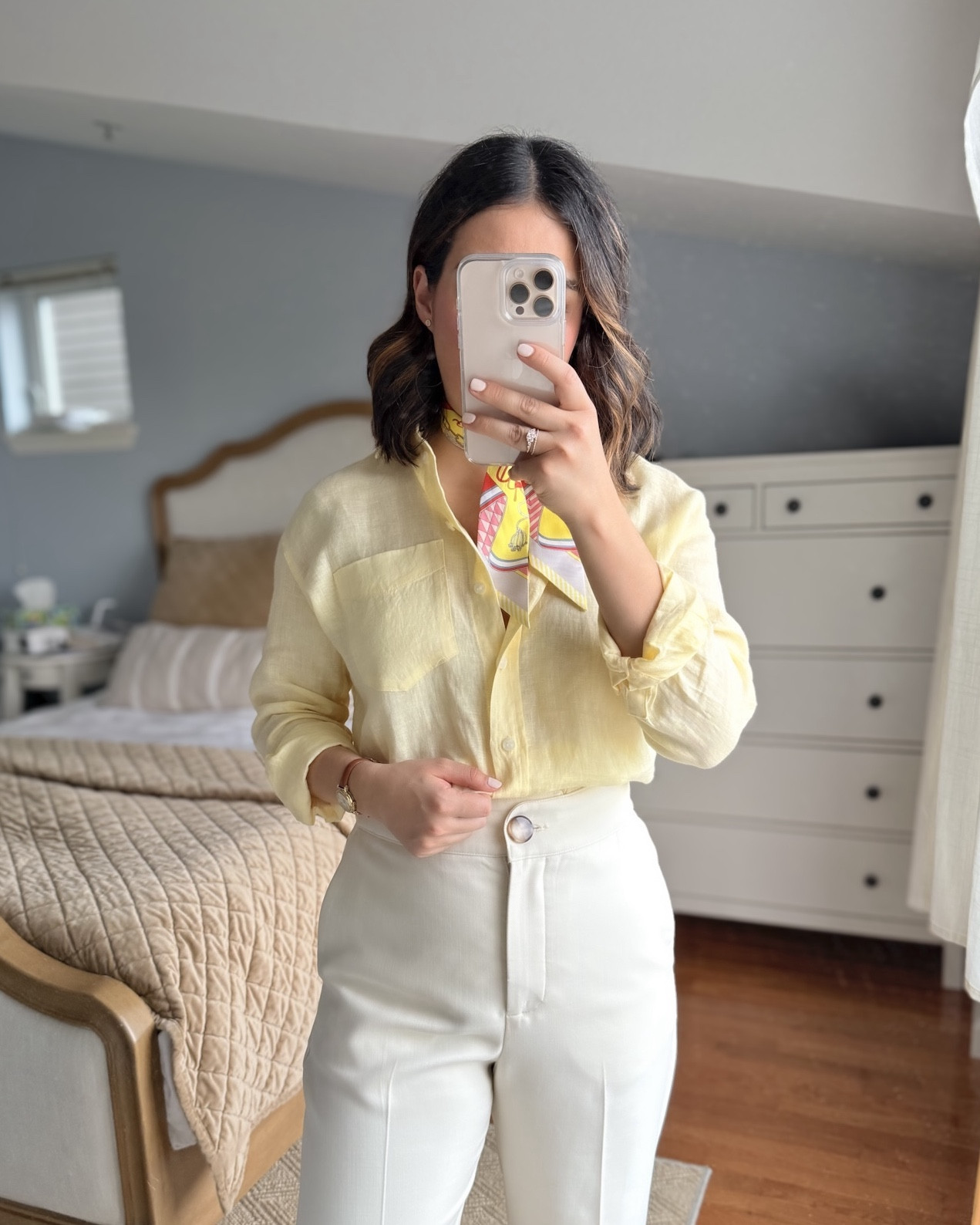 • Yellow Shirt is size XXS for my usual 36/4Us tops (I sized down as it is quite oversized when untucked). 100% linen 

• Pants are size 38/6Us (my usual size). Love the fit, they’re great for spring and fall. My fav pants! They’re ankle length but full length on petite frames. I’m 5’2” (158cms) for reference. 

• Twilly and sandals are from Hermès

#LTKStyleTip #LTKPetite #LTKSeasonal