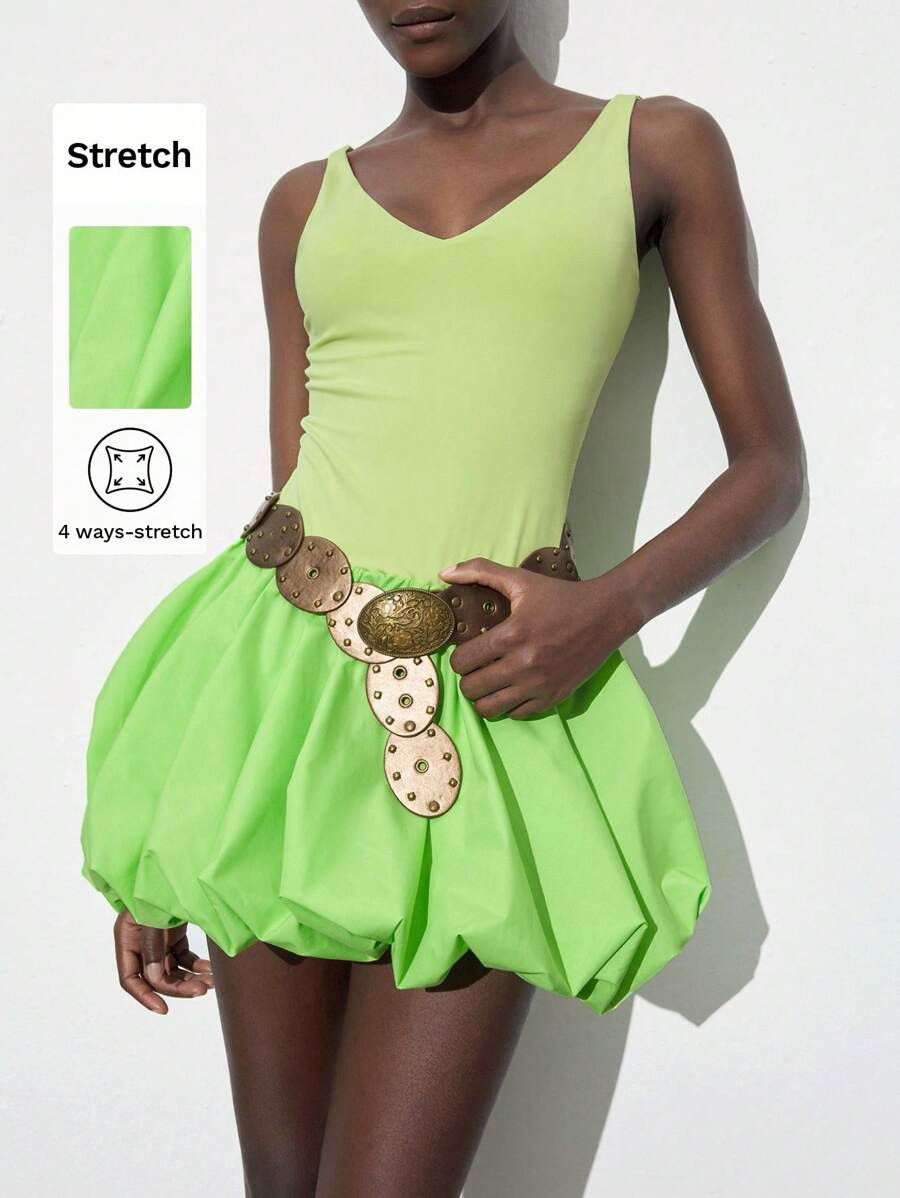 Maija Women's V-Neck Bubble Hem Short Sleeveless Green Spring Dress,Boho | SHEIN