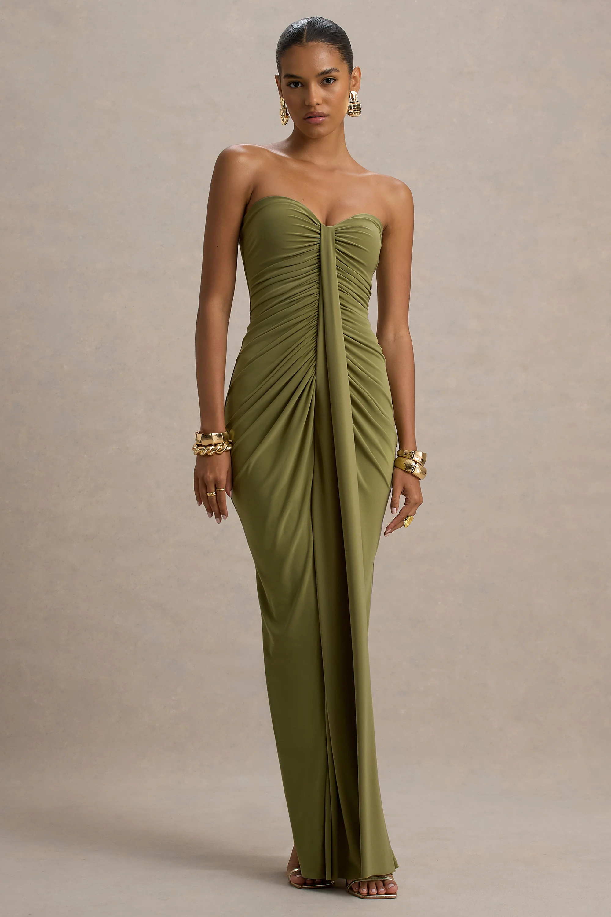 Ali | Olive Sweetheart Ruched Wrap Maxi Dress | Club L London