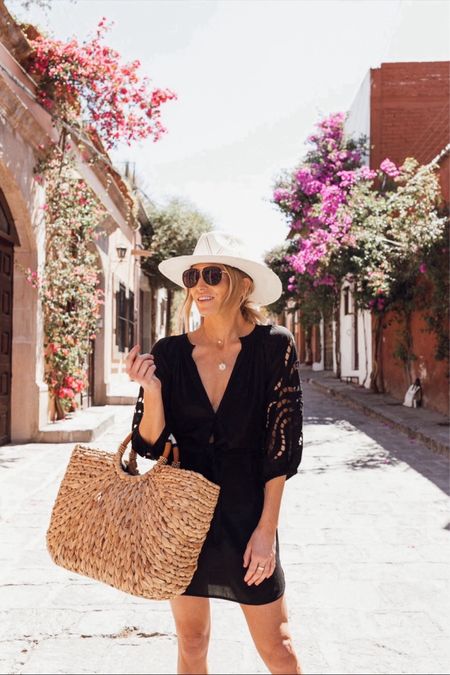 Beach vacation fit 🖤 black coverup / straw tote bag / beach hat / gold layered necklace / gucci sunglasses 

#LTKSeasonal #LTKTravel #LTKSwim