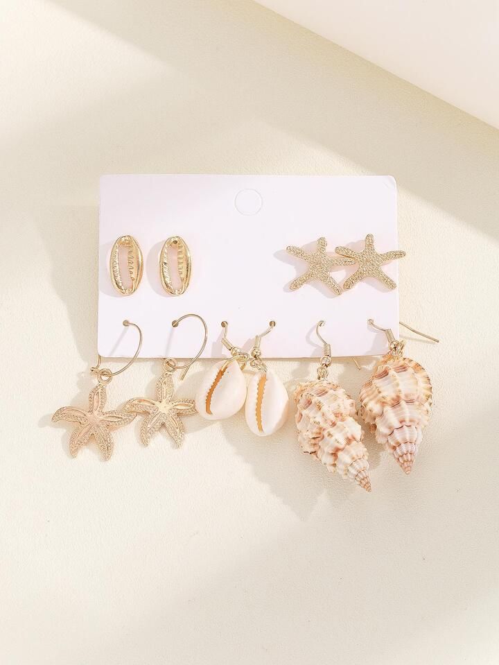 5pairs Beach Style Alloy Shell & Starfish Shaped Stud Earrings, Real Shell & Conch Dangle Earring... | SHEIN