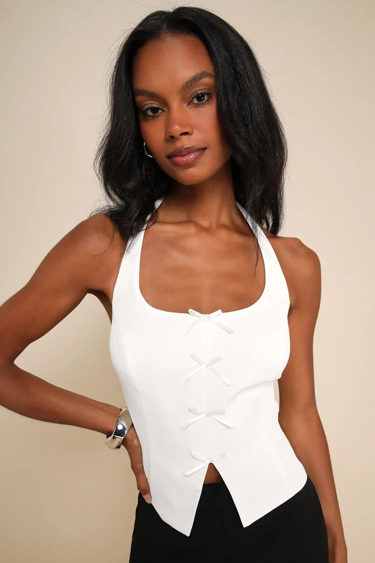 Sweetly Perfect Ivory Bow Sleeveless Halter Top | Lulus