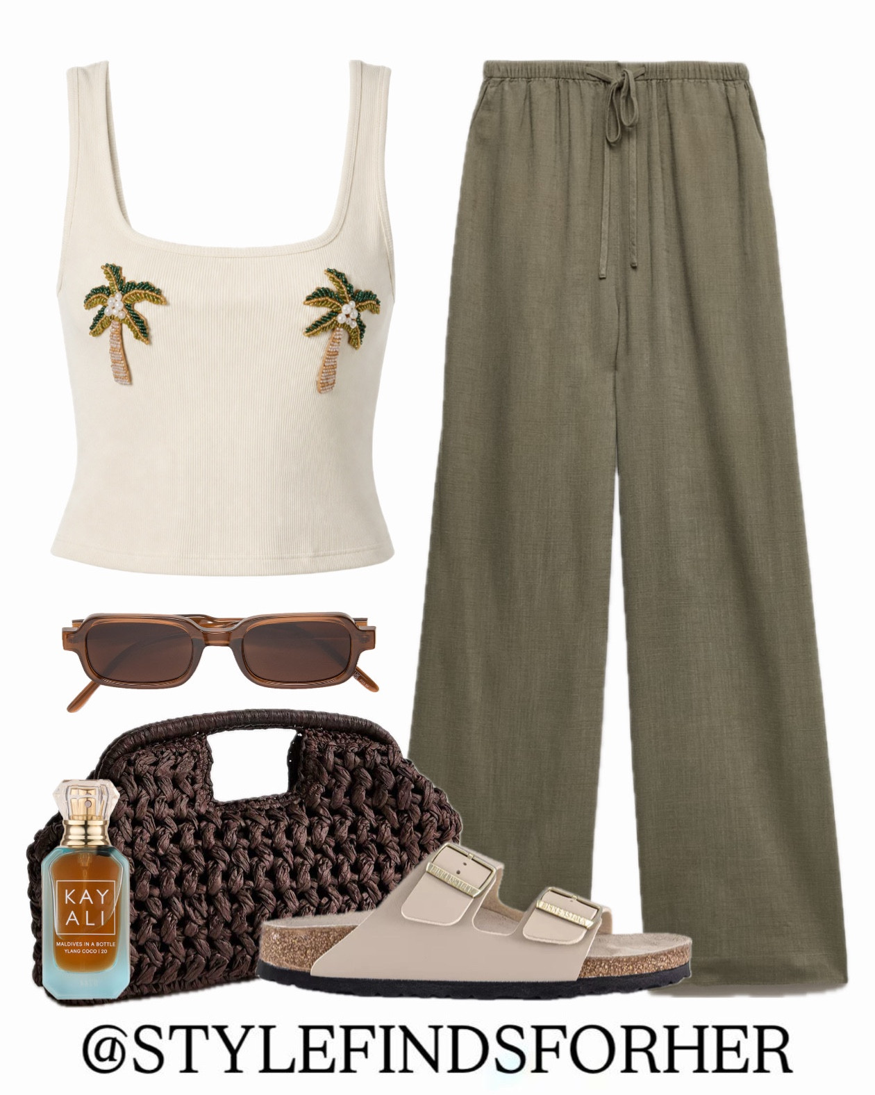 Holiday evening outfit sorted 👌🏼 Casual linen trousers in khaki or cream teamed with an embellished palm tree vest. Chic rattan clutch bag and comfortable sandals. Which one is your favourite? 

#LTKsummer #LTKtravel #LTKeurope