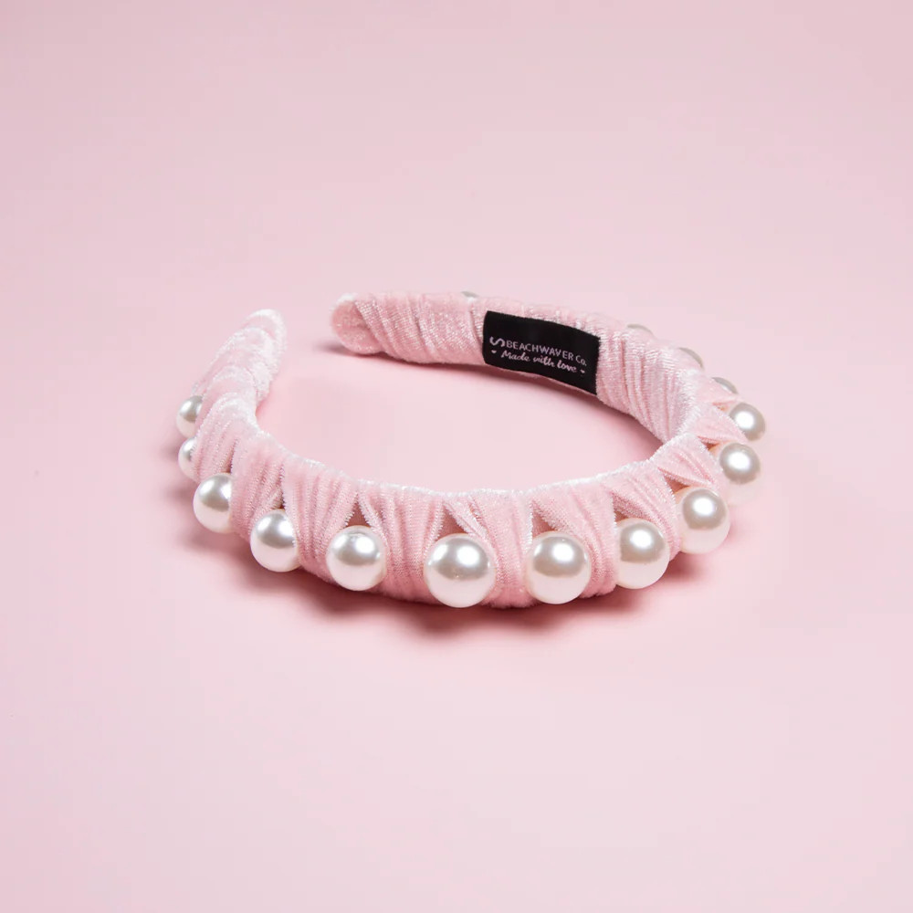 Faux Pearl Velvet Headband - Light Pink | Beachwaver Co