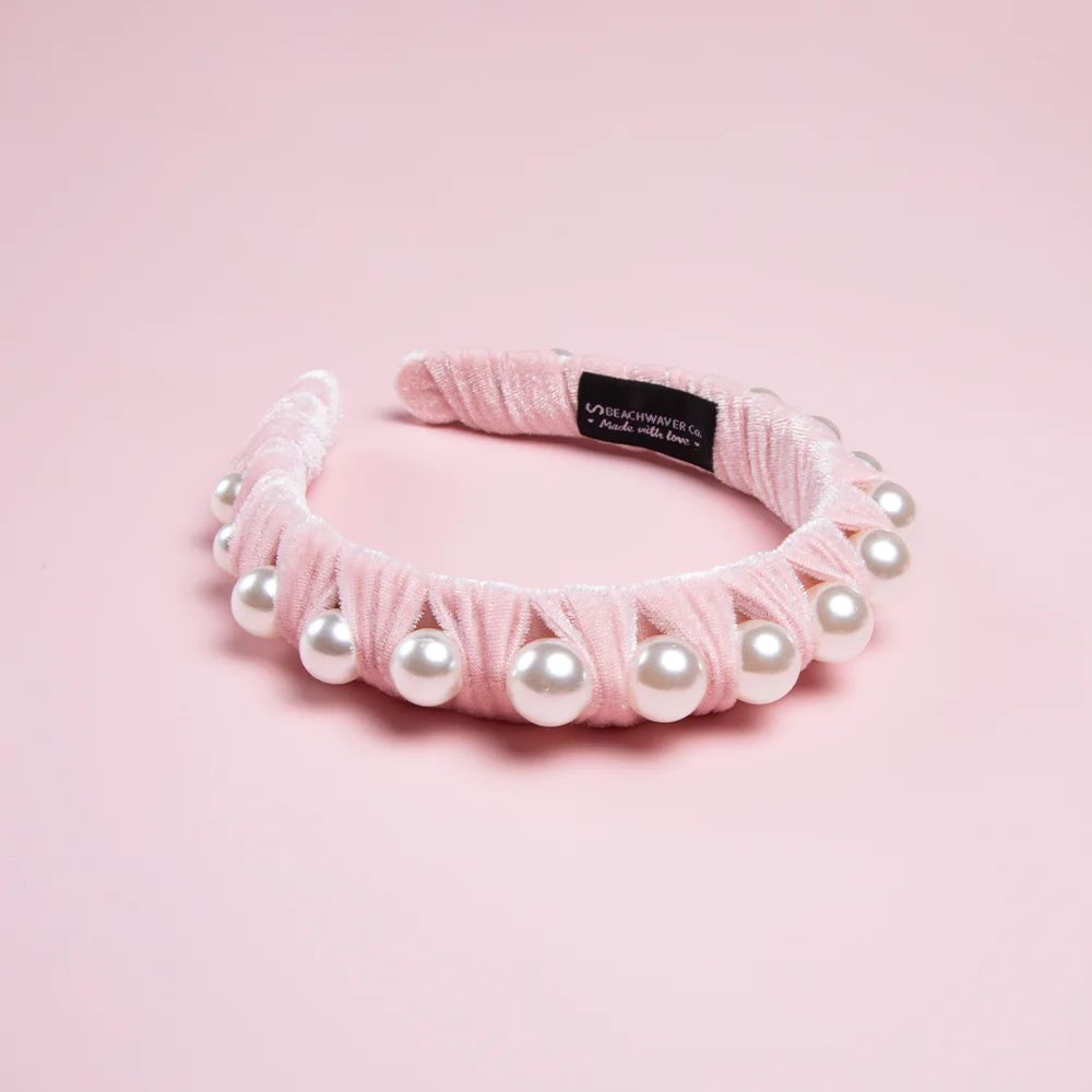Faux Pearl Velvet Headband - Light Pink | Beachwaver Co