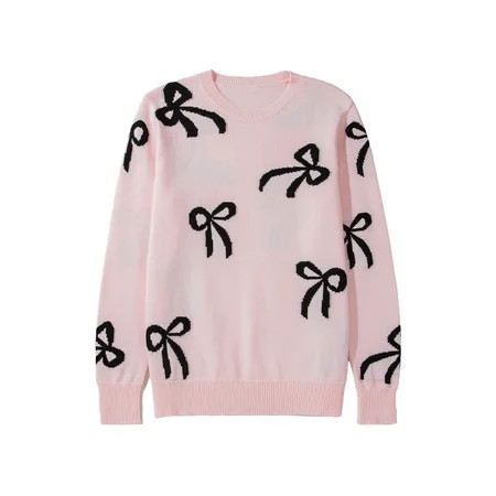Women's Light Pink Bow Pattern Knitted Loose Fit Sweater for Casual Style | [ZhiHiMeRi] | (US 12-14)L | Walmart (US)