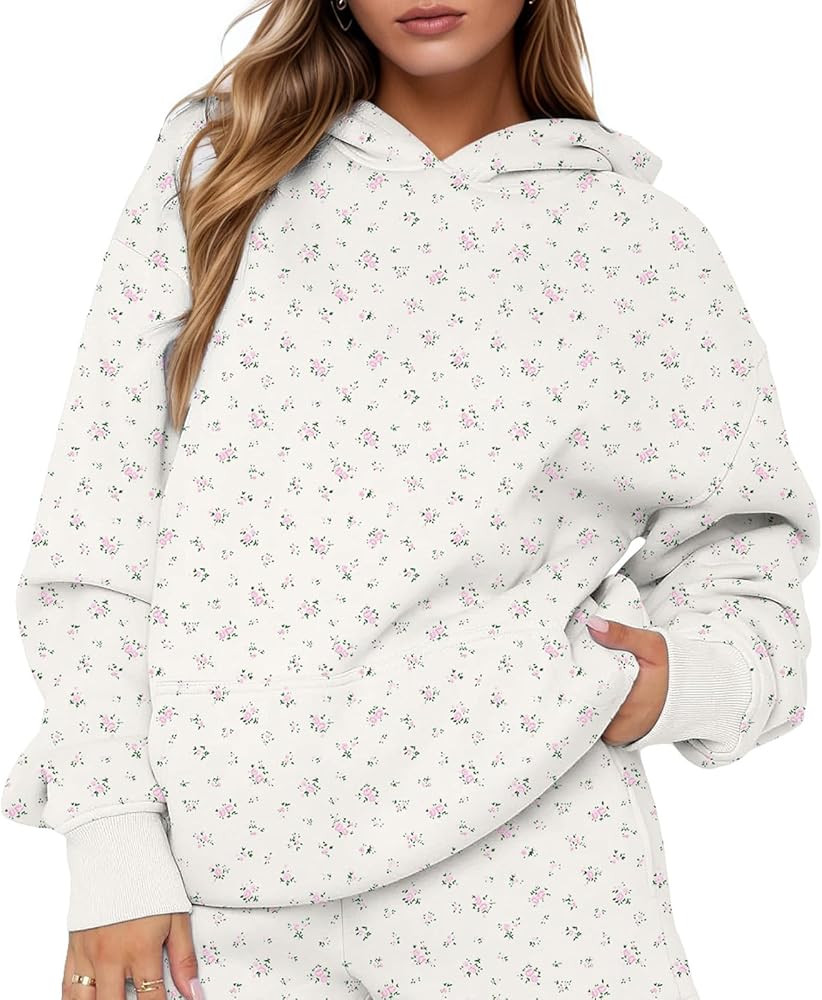 Women Y2k Oversized Floral Print Fleece Pullover Cute Hoodies Preppy Snowflake Hooded Sweatshirts... | Amazon (US)