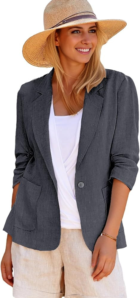 2024 Summer Linen Blazer Women 3/4 Stretchy Ruched Sleeve Fully Lined Lightweight Breathable Casu... | Amazon (US)