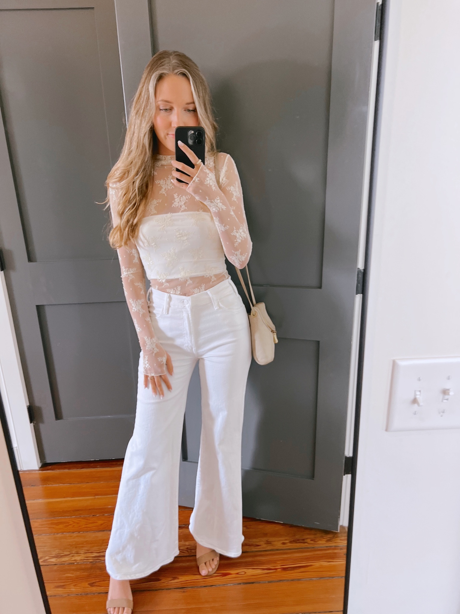 Bachelorette all white outfit for winter 🤍 Flare jeans with a mesh top for a 70’s look. Bride to be inspo 

#LTKstyletip #LTKparties #LTKwedding