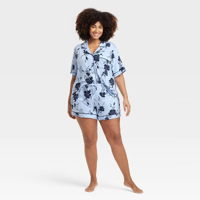 Women's Cloud Knit Short Sleeve Notch Collar Shirt and Shorts Pajama Gift Set - Auden™ Blue/Roses 1X | Target