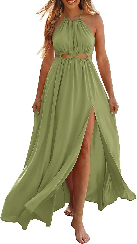 BTFBM Women Halter Summer Dresses 2026 Sleeveless Cutout Backless Sundress Slit Boho Maxi Beach W... | Amazon (US)