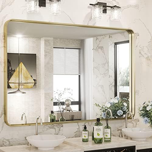 TokeShimi Gold Bathroom Mirror for Wall 40 x 30 Inch Brushed Brass Metal Rounded Corner Rectangle Wa | Amazon (CA)