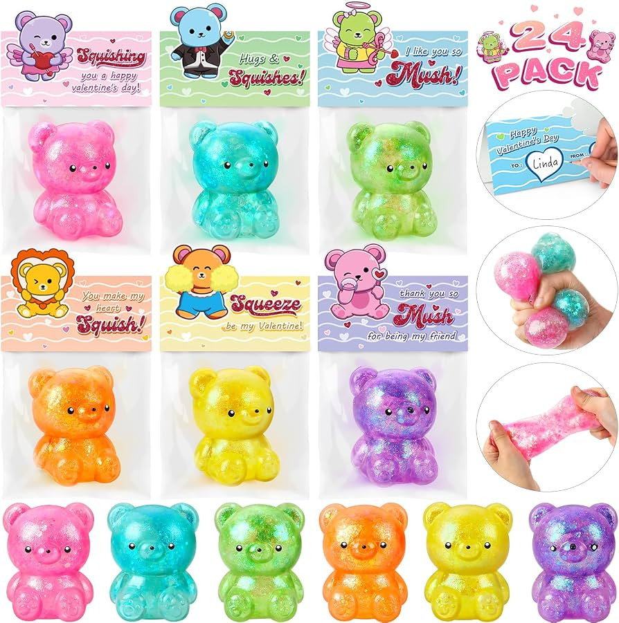Valentines Day Cards for Kids Classroom, 24 Packs Valentine's Day Squishy Bear Toys with Greeting... | Amazon (US)