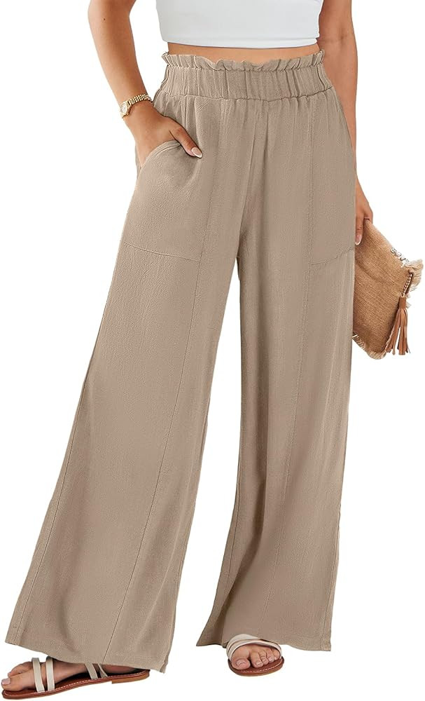 ANRABESS Women's Linen Palazzo Pants Summer Casual Loose High Waist Wide Leg Pant Lounge Beach Tr... | Amazon (US)