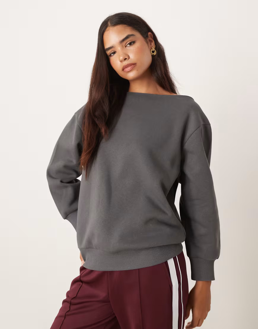 ASOS DESIGN oversized off shoulder sweat in charcoal-White | ASOS (Global)