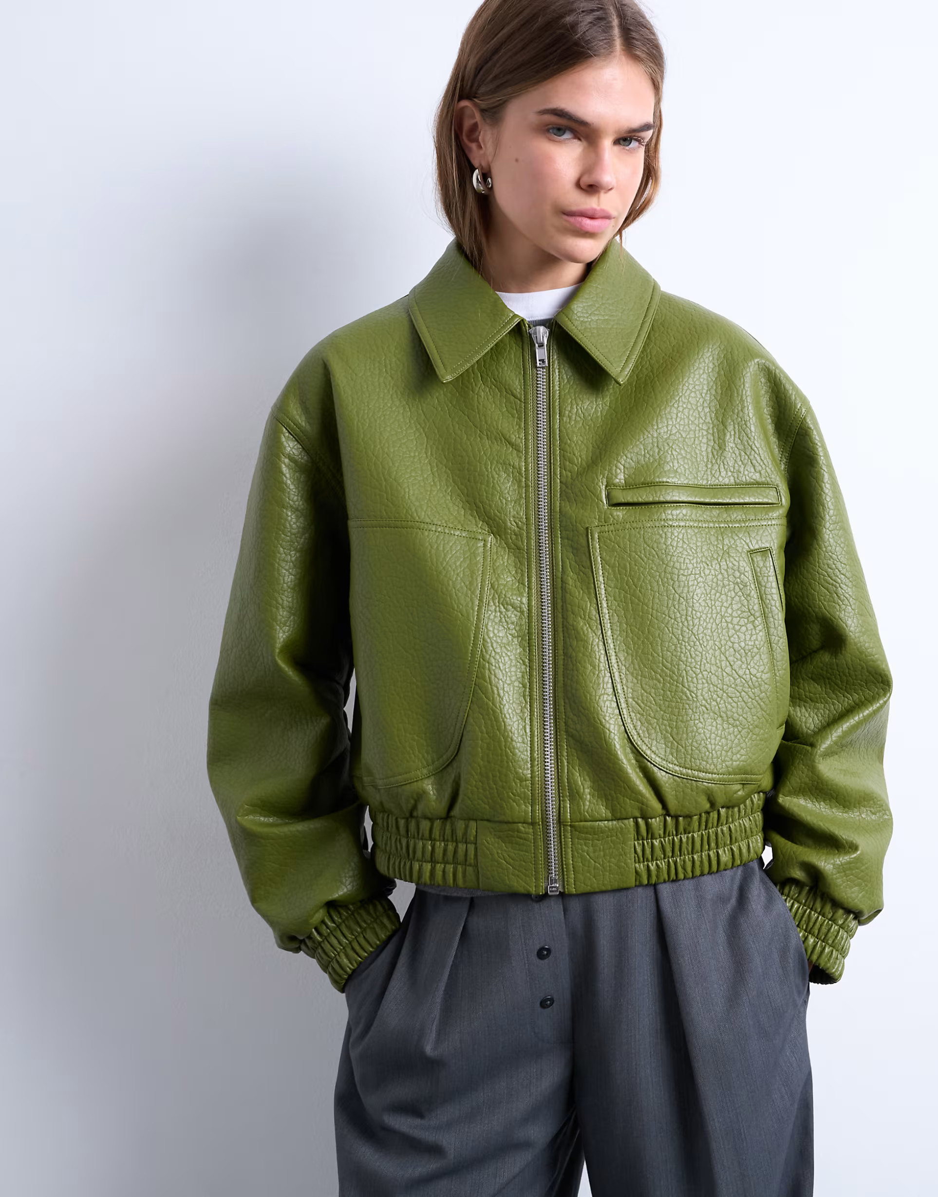 Topshop faux bubble leather cropped bomber jacket in green | ASOS (Global)