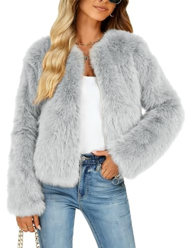 Funlingo Women's Faux Fur Coat Winter Warm Cropped Jacket Trendy Long Sleeve Crew Neck Zip Up Out... | Amazon (US)