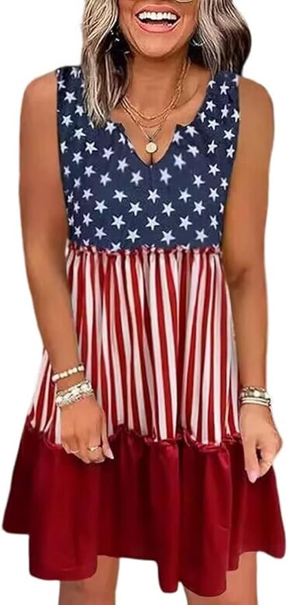 AIMITAG American Flag Star Vertical Striped Ruffled Mini Dress Womens 4th of July Patriotic Dress... | Amazon (US)