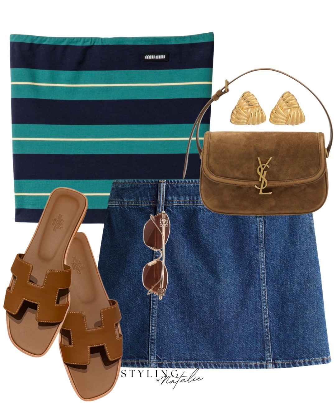 Miu Miu green & navy stripe bandeau top, denim mini skirt, tan suede Saint Laurent bag, tan slides, Loewe sunglasses and gold stud earrings. Trendy, summer outfit 

#LTKstyletip #LTKuk #LTKsummer