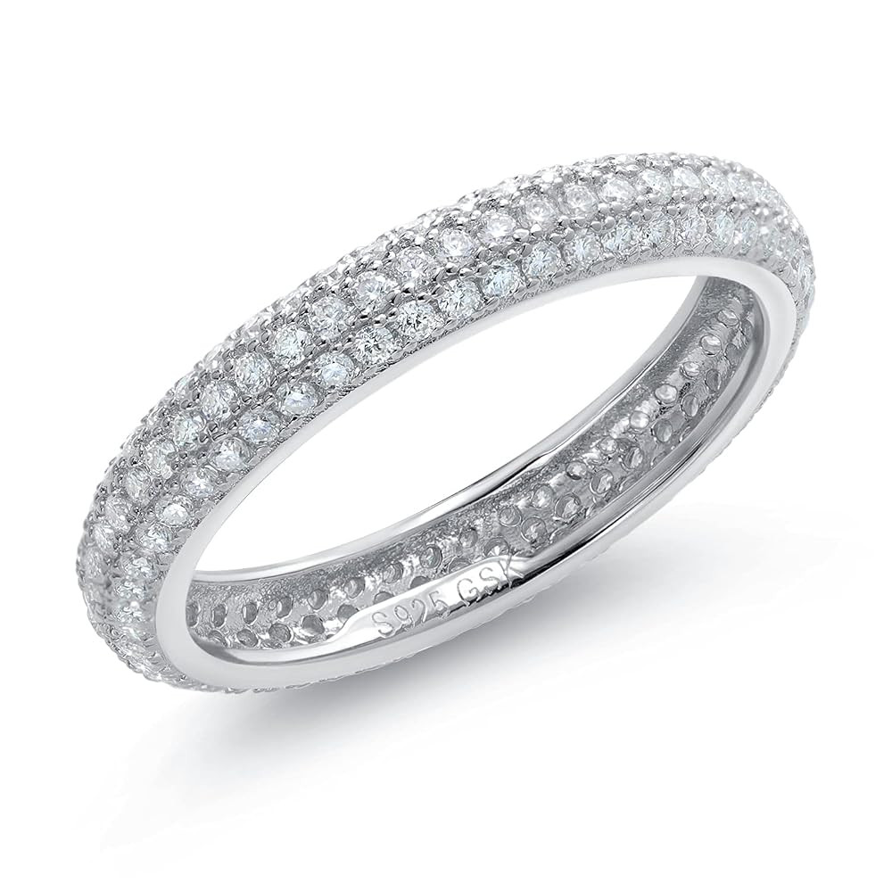 Gem Stone King White Moissanite Ring For Women | 925 Sterling Silver | 3 Rows Micro Pave Wedding ... | Amazon (US)