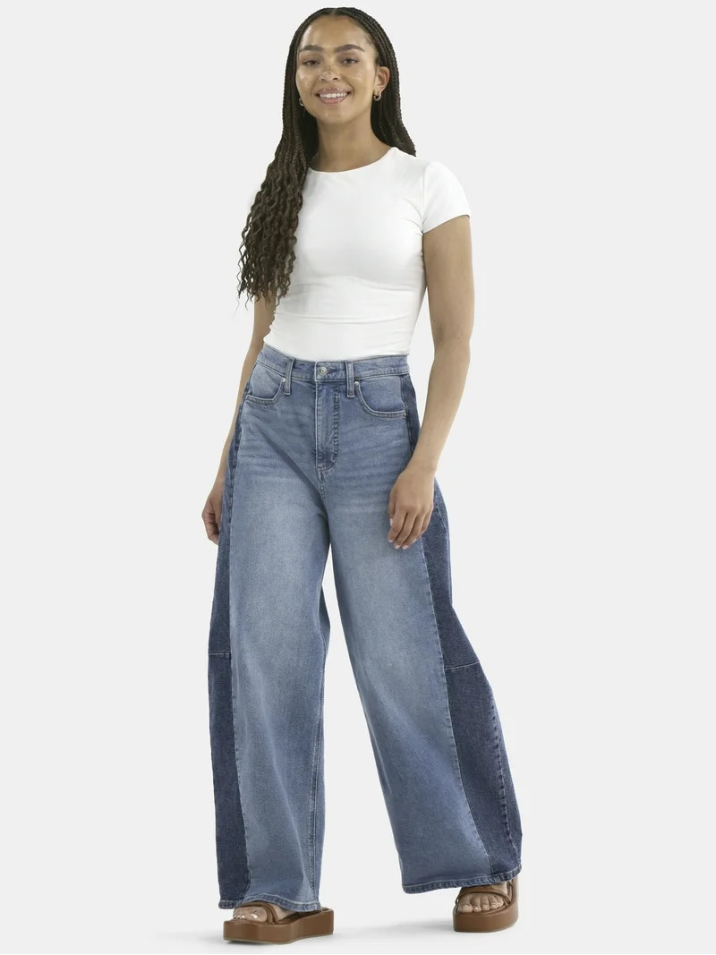 Scoop Women's Two-Tone Baggy Barrel Jeans, Sizes 0-18 | Walmart (US)