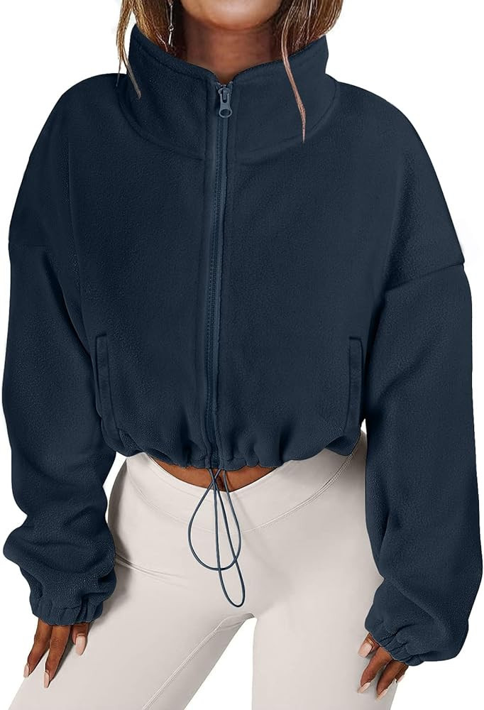 MEROKEETY Womens Long Sleeve Sherpa Fleece Crop Jacket Full Zip Stand Collar Coat with Pocket | Amazon (US)