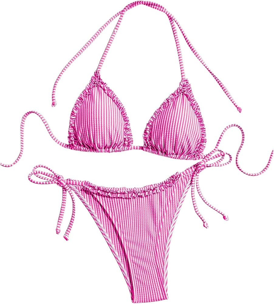 Verdusa Women's 2 Piece Striped Halter String Cute Bikini Sets Swim Suits Cheeky Triangle Bathing... | Amazon (US)