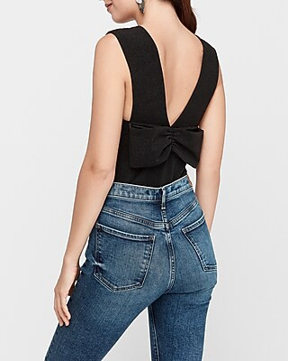 Ribbed Plunge Neck Bow Back Thong Bodysuit | Express