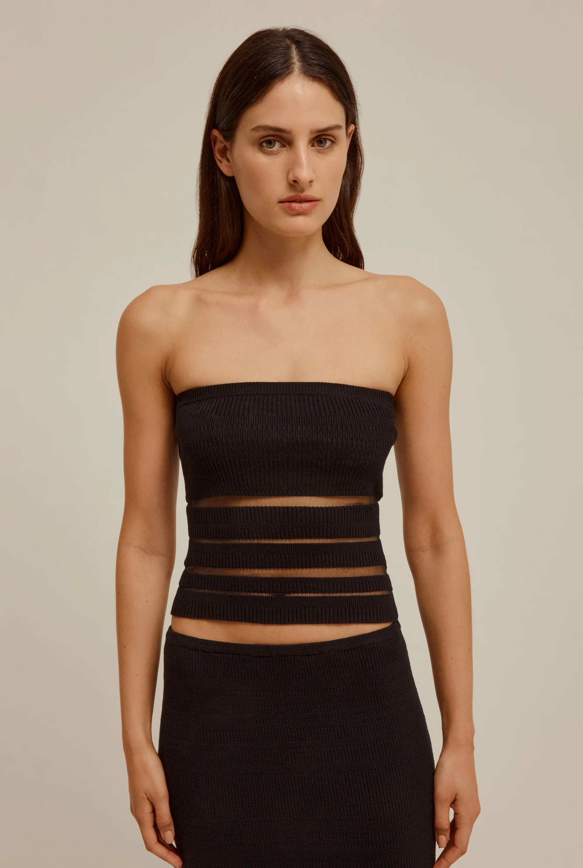 Ribbed Sheer Stripe Strapless Top | Venroy AU