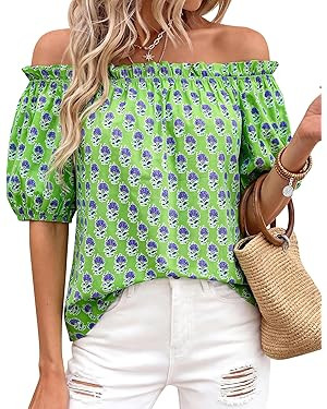 BTFBM Off The Shoulder Boho Tops for Women 2026 Summer Spring Short Sleeve Floral Loose Resort Be... | Amazon (US)