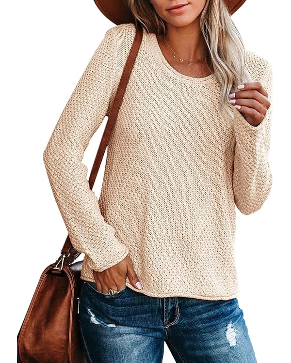 Ebifin Women's Crew Neck Pullover Sweater Solid Color Casual Warm Lightweight Knit Sweaters | Amazon (US)