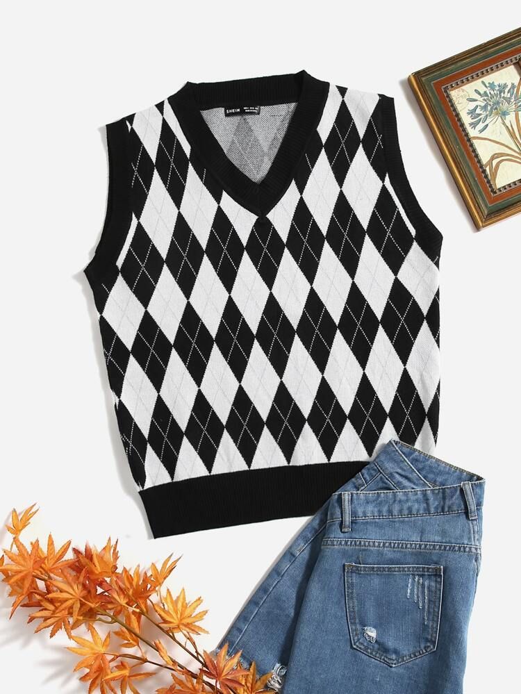 SHEIN Argyle Pattern Sweater Vest | SHEIN