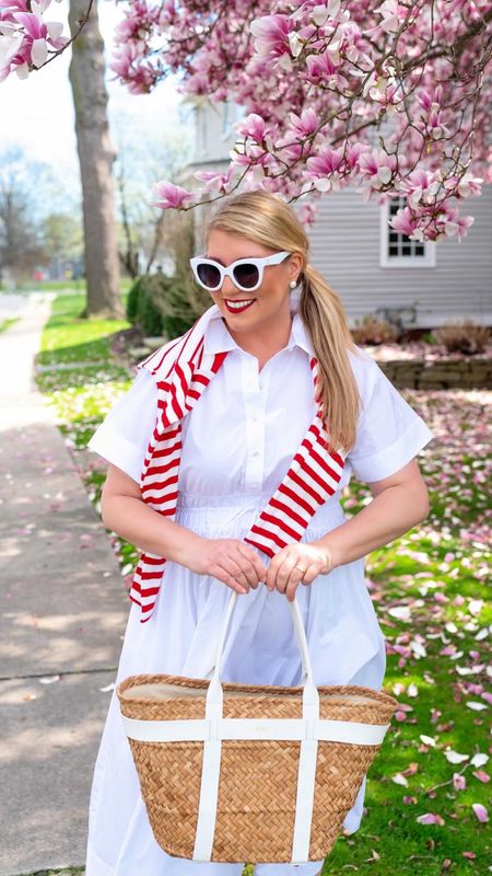 White dress for summer, Palm tote bag with white leather straps, striped red and white shirt, white sunglassess

#LTKOver40 #LTKItBag #LTKSeasonal