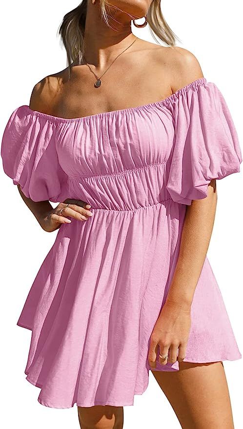 LILLUSORY Flowy Dresses Mini Summer 2023 Off Shoulder Puff Sleeve Babydoll Dress Women | Amazon (US)